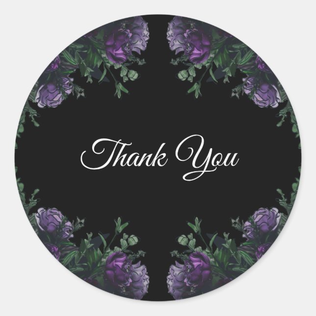 Sticker Rond Black Violet Floral Élégant Mariage Gothique (Devant)