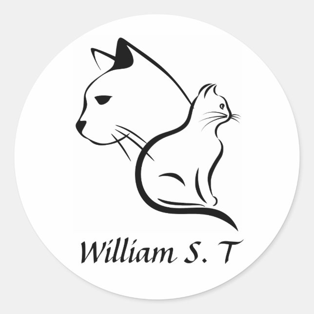 Sticker Rond Black & White Cat Line Art with Personalized Name (Devant)