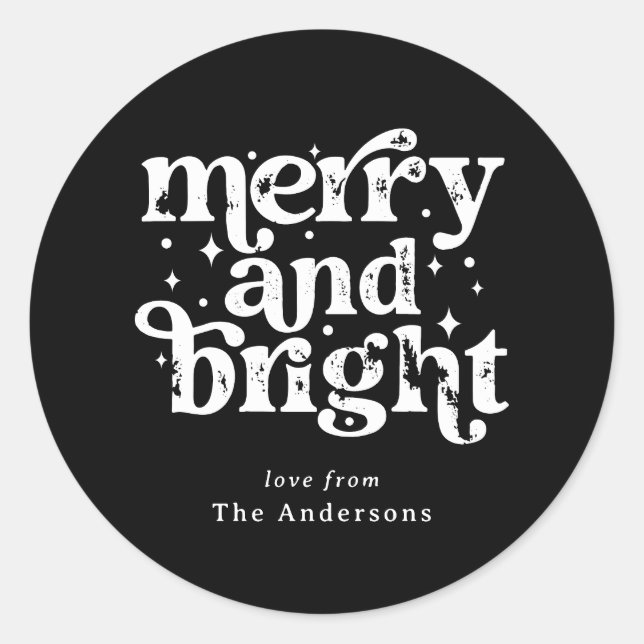 Sticker Rond Black & White Christmas Merry & Bright Custom (Devant)
