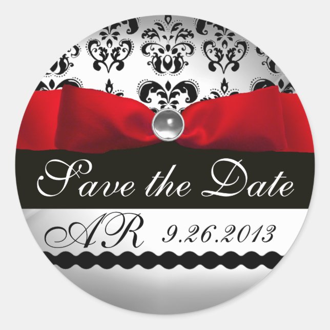 Sticker Rond BLACK & WHITE DAMASK RED RIBBON MONOGRAM Gemstone (Devant)