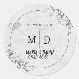 Sticker Rond "Black & White Elegant Floral Minimalist Mariage