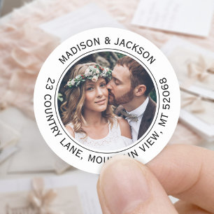 Sticker Rond Black & White Elegant Photo Return Adresse Mariage