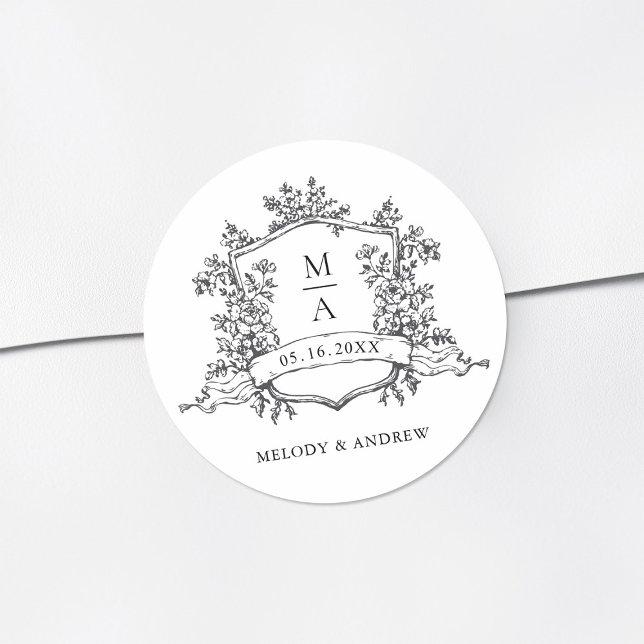 Sticker Rond Black & White Floral Crest Monograms Wedding (Créateur téléchargé)