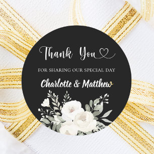 Sticker Rond Black white florals coeur merci mariage
