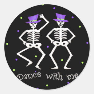 Sticker Rond Black White Halloween Skeleton Bones Danse