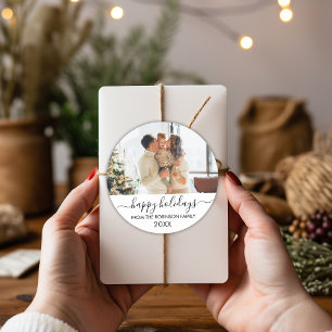 Sticker Rond Black White Script Famille Photo Joyeux Vacances