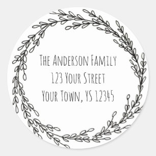 Sticker Rond Black White Wreath Floral Adresse