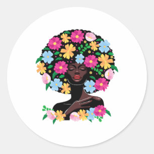Sticker Rond Black Woman Flower Hair Afro Girl Histoire noire J