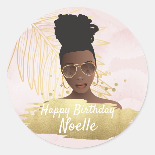 Sticker Rond Black Woman, Tropical Golden Pink Birthday (Devant)