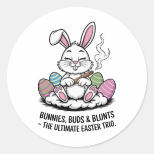 Sticker Rond Blague de Pâques Trio de lapins humoristiques bour