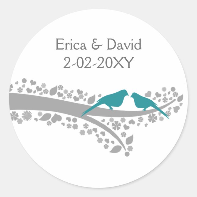 Sticker Rond blanc arbre bleu lovebirds mariage faveurs autocol (Devant)