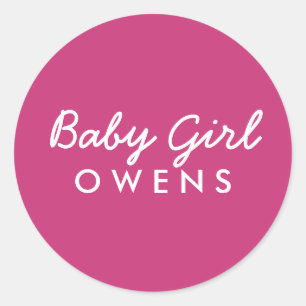 Sticker Rond Blanc Autocollant-Rose de baby shower de nom de