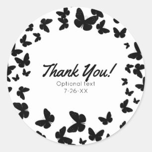 Sticker Rond Blanc avec Black Butterflies Party Personnalisé Fa