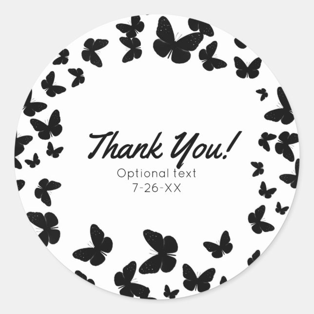 Sticker Rond Blanc avec Black Butterflies Party Personnalisé Fa (Devant)