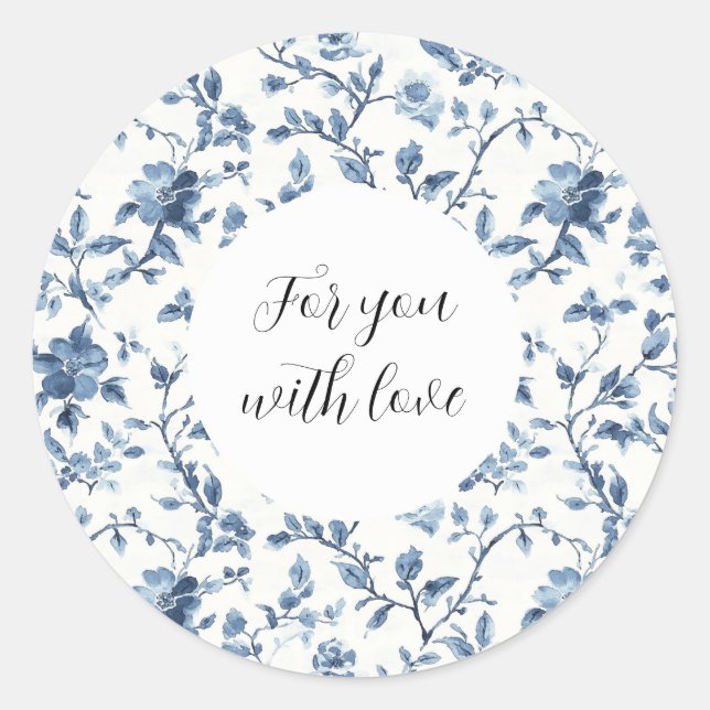 Sticker Rond Blanc Bleu Floral Chic   (Devant)