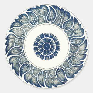 Sticker Rond Blanc bleu Floral chinois rond