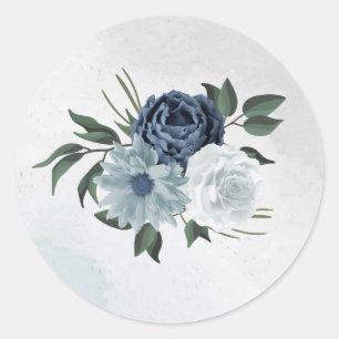 Sticker Rond blanc & bleu mariage fleuri