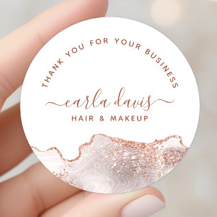 Sticker Rond Blanc Chic Marbre Agate Rose Or Paillettes Merci