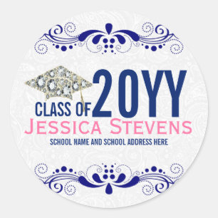 Sticker Rond Blanc Damas Dentelles Bleues & Diamants Grad 2015