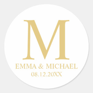 Sticker Rond Blanc et or Elegant Monogramme mariage Faveur