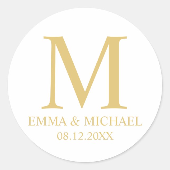 Sticker Rond Blanc et or Elegant Monogramme mariage Faveur (Devant)