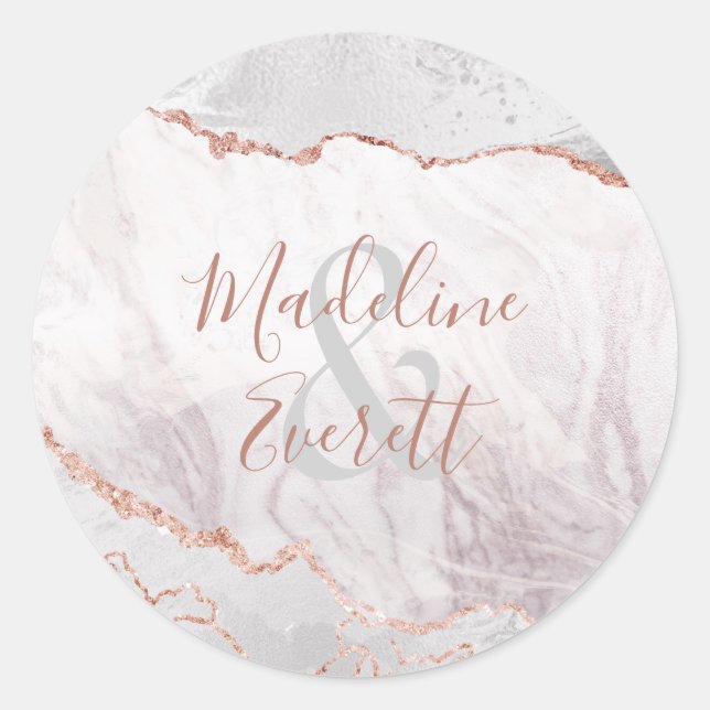 Sticker Rond Blanc et Rose Or Agate Marbre Monogramme Mariage (Devant)