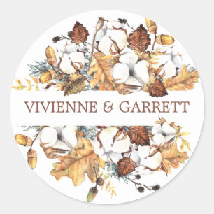 Sticker Rond Blanc Floral Automne Feuilles Mariage