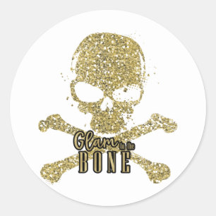 Sticker Rond Blanc Glam jusqu'à l'Os Crâne Paillettes Or