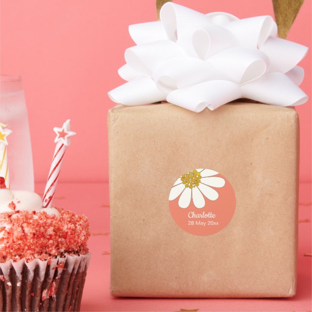 Sticker Rond Blanc Retro Moderne Fleur de marguerite Personnali (Fête)