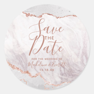 Sticker Rond Blanc & Rose Gold Agate Marbre Fond Enregistrer la