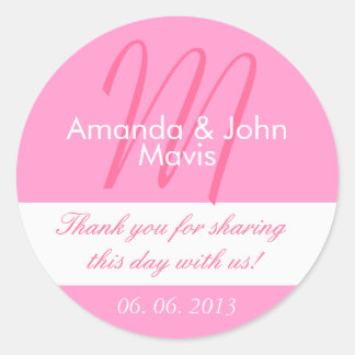 Sticker Rond Blanc rose Simple Mariage initial Favoriser Merci