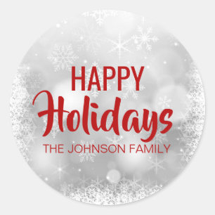 Sticker Rond BLANC ROUGE PERSONNALISÉ JOYEUX VACANCES Snowflake