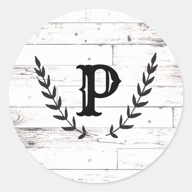 Sticker Rond Blanc Rustique Bois Chic Démodé Laurier Mariage (Devant)