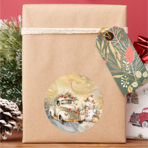 Sticker Rond Blanc Vintage Camion Gold Sky Snowman Noël