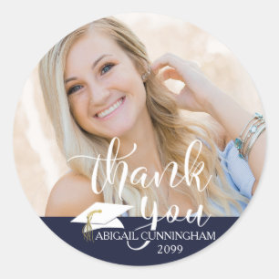 Sticker Rond Blancs Merci Marine Bleu Photo de graduation