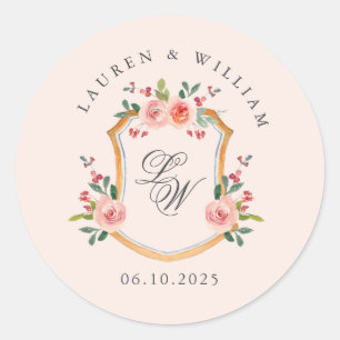Sticker Rond Blason au monogramme rose mariage 
