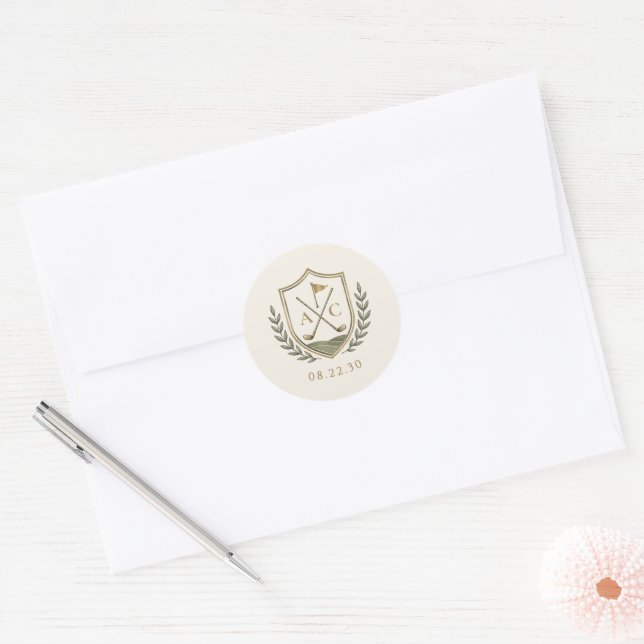 Sticker Rond Blason de golf à monogramme élégant pour mariage (Enveloppe)