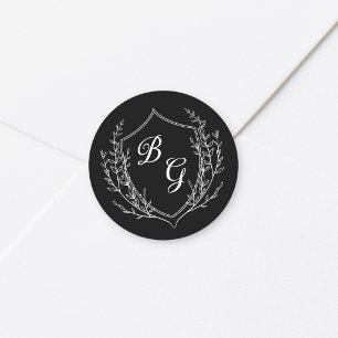 Sticker Rond Blason de mariage à monogramme classique noir et b