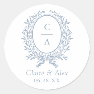 Sticker Rond Blason de mariage bleu à feuille d'olive élégant