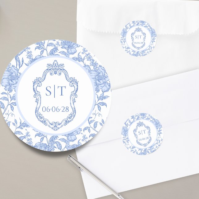 Sticker Rond Blason de mariage floral Delft bleu (Créateur téléchargé)
