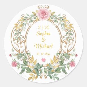Sticker Rond Blason de mariage floral élégant Monogramme doré v