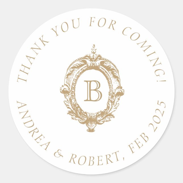 Sticker Rond Blason de monogramme de mariage en or antique (Devant)