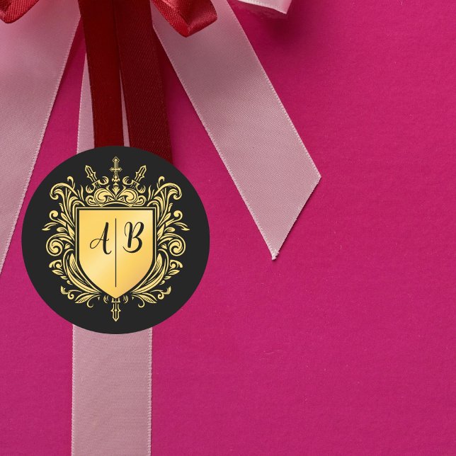 Sticker Rond Blason de monogramme de mariage or (Créateur téléchargé)