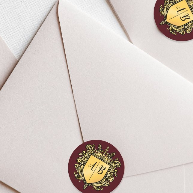 Sticker Rond Blason de monogramme de mariage or (Créateur téléchargé)