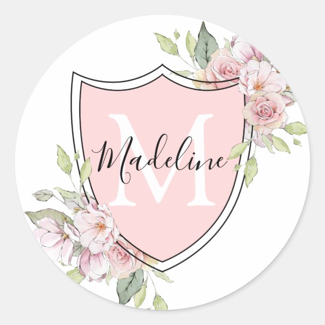 Sticker Rond Blason de monogramme de roses roses avec nom (Devant)