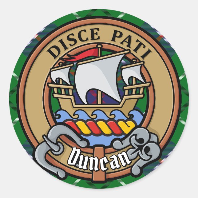 Sticker Rond Blason du clan Duncan sur tartan (Devant)