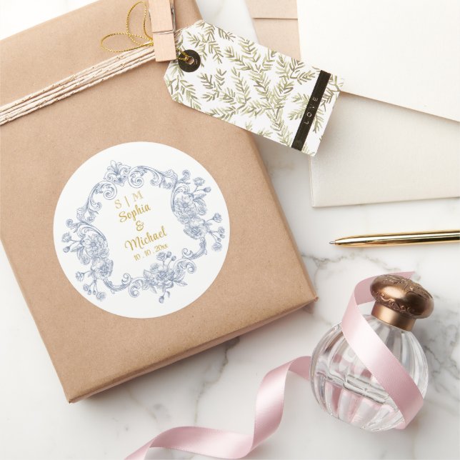 Sticker Rond Blason Floral Bleu Mariage I Monogramme et Initial (Cadeaux)