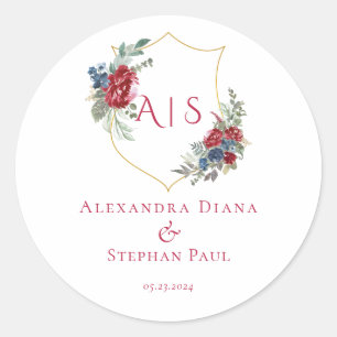 Sticker Rond Blason Floral Botanique Vintage Magenta Monogramme