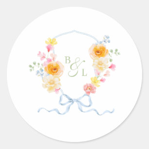 Sticker Rond Blason Floral Monogramme Ruban Bleu Mariage de Pri