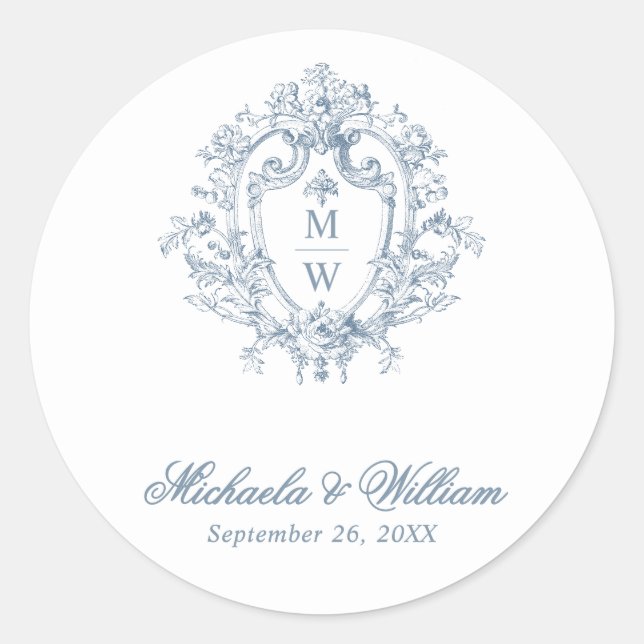 Sticker Rond Blason Monogramme Régence Vintage de Mariage (Devant)